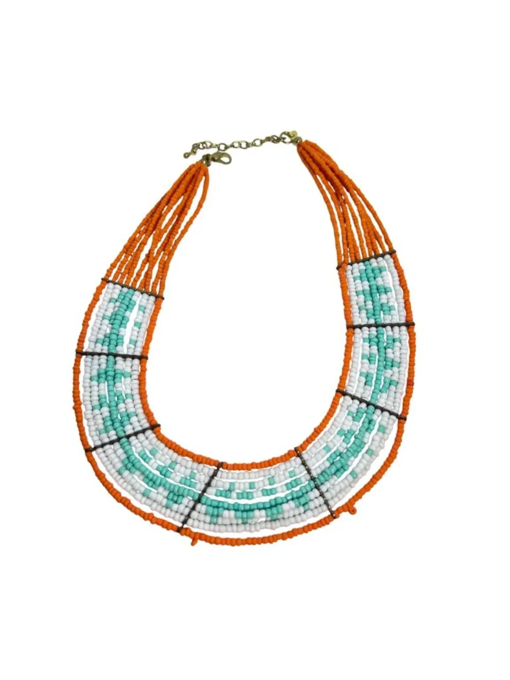 Orange, White and Blue Beaded Tribal Inspired Collar Necklace (6403) - Picture 5 of 6
